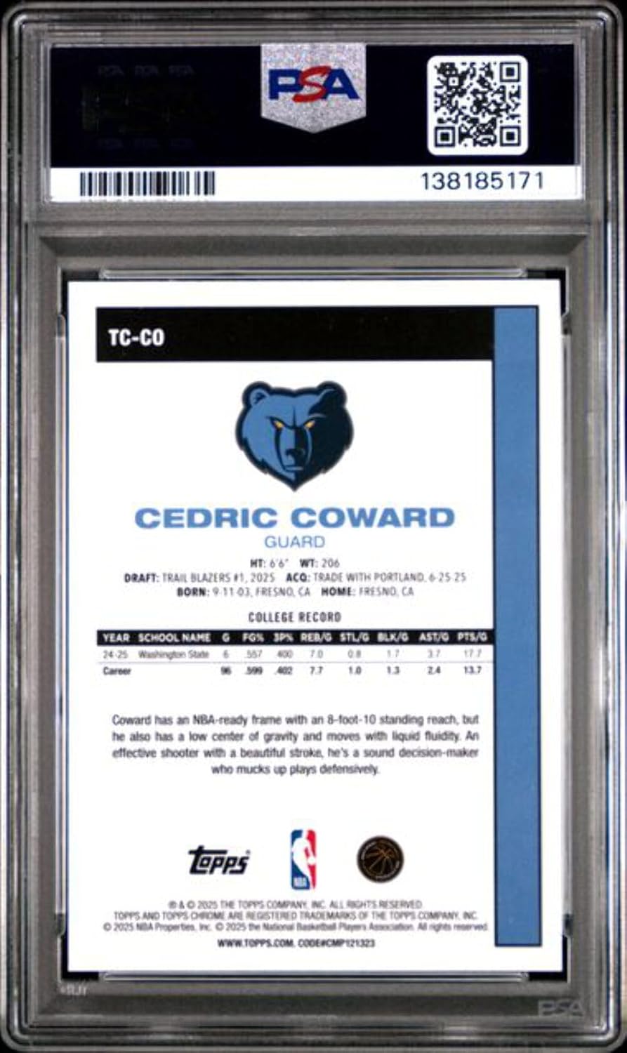 Graded 2025 Topps Silver Pack Cedric Coward #TCCO Rookie RC Basketball Card PSA 10 Gem Mint