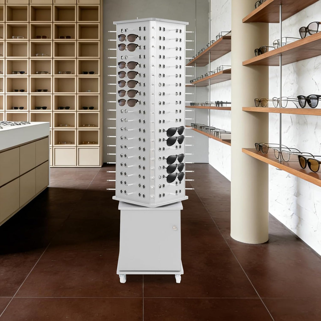 Rotating Sunglass Stand Display Rack, 152 Pairs 4-Sided Eyeglass Retail Display Stand, Floor Standing Eyewear Holder Organizer with Storage Cabinet&Wheels, Rolling Eyeglasses Turning Stand for Store