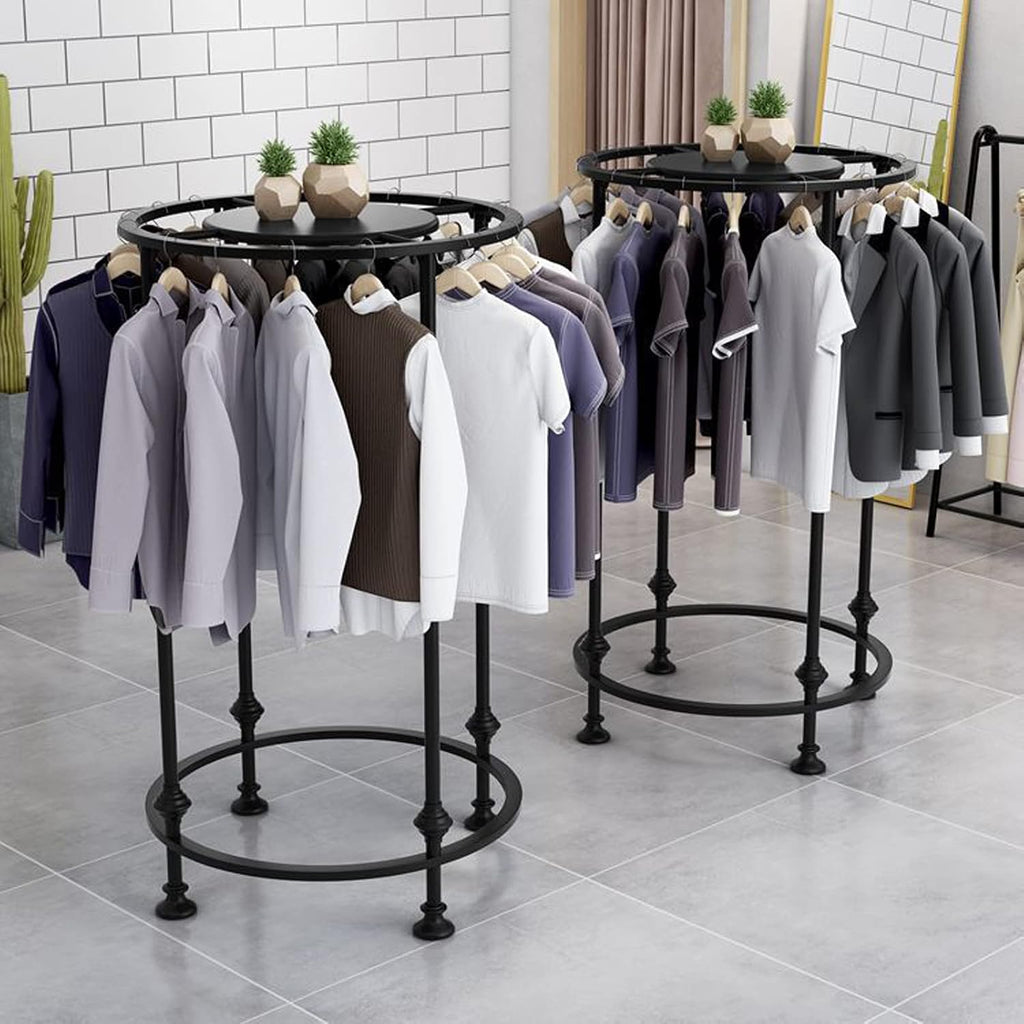 Round Garment Rack, Floor Standing Iron clothes Hanging Rack with Topper, Suitable for Large Shopping Malls Retail, Clothes Boutique Display Laundry Rooms Multi-Purpose Hanging (BLACK)