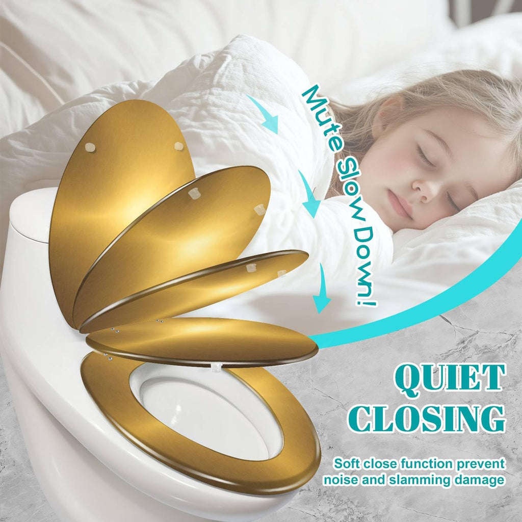 Elongated Toilet Seat Shiny brushed gold color metal Resin Toilet Seat Quietly Slow Close with Quick-Release Hinges Toilet Seat with Cover Easy to Clean Install