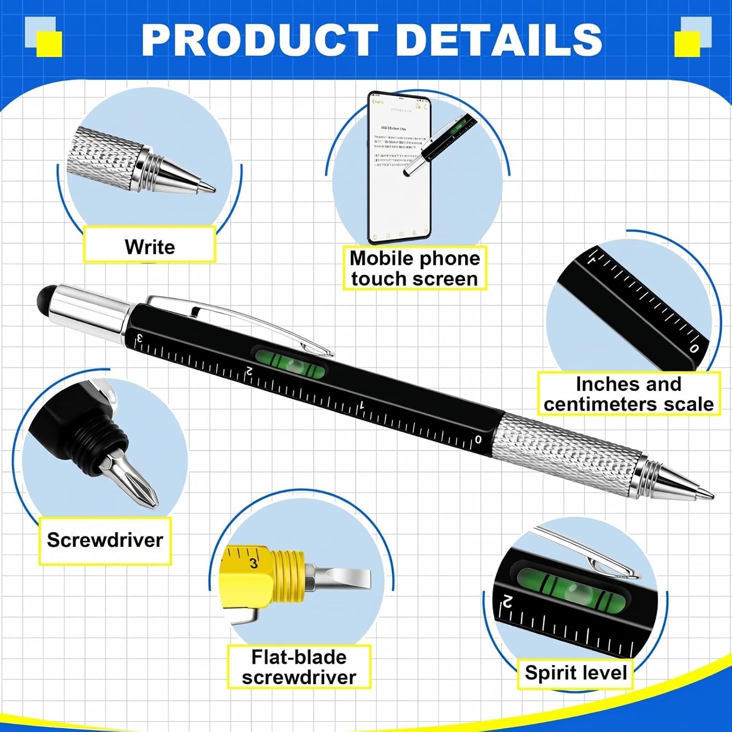 Zhanmai 300 Pcs Gift for Men Multitool Pen 6 in 1, Screwdriver Tool Multi Functional Pen for Dad Husband Grandpa Birthday Gift Level Ballpoint Stylus (Gold, Black, Silver, Yellow)