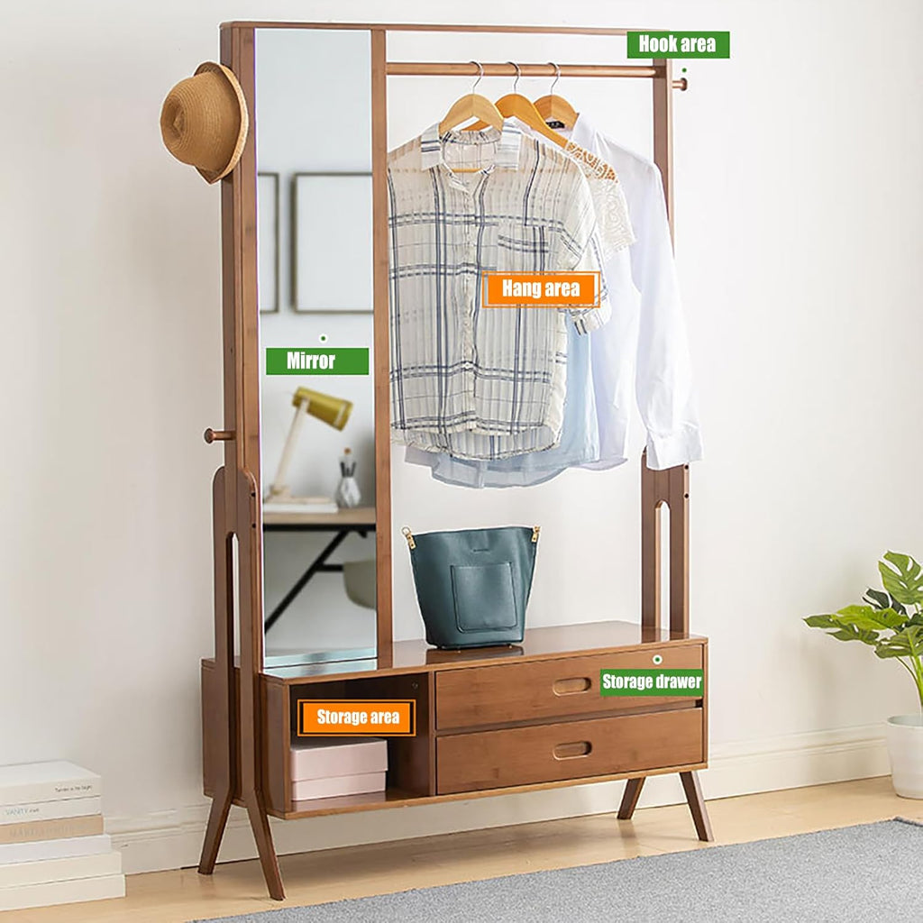 Bamboo Garment Rack with Mirror and Drawer,Floor Standing Closet Organizers,Coat Rack,Open Wardrobe for Entryway Bedroom Livingroom