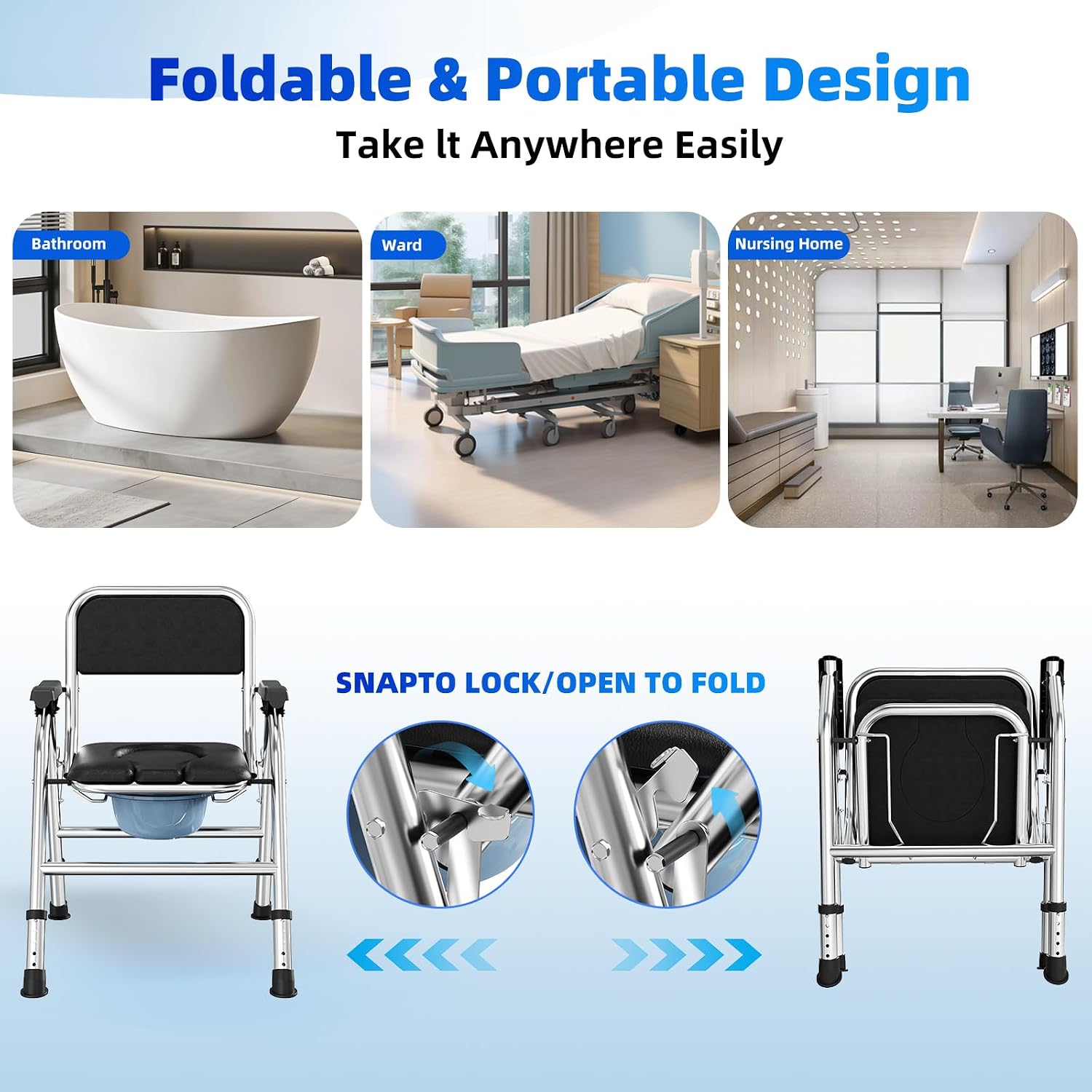 4 in 1 Folding Bedside Commode Chair for Elderly with Arms and Back,Adjustable Height Raised Toilet Seat with Handles,Adults Potty Chair for Seniors,Disabled and Pregnant