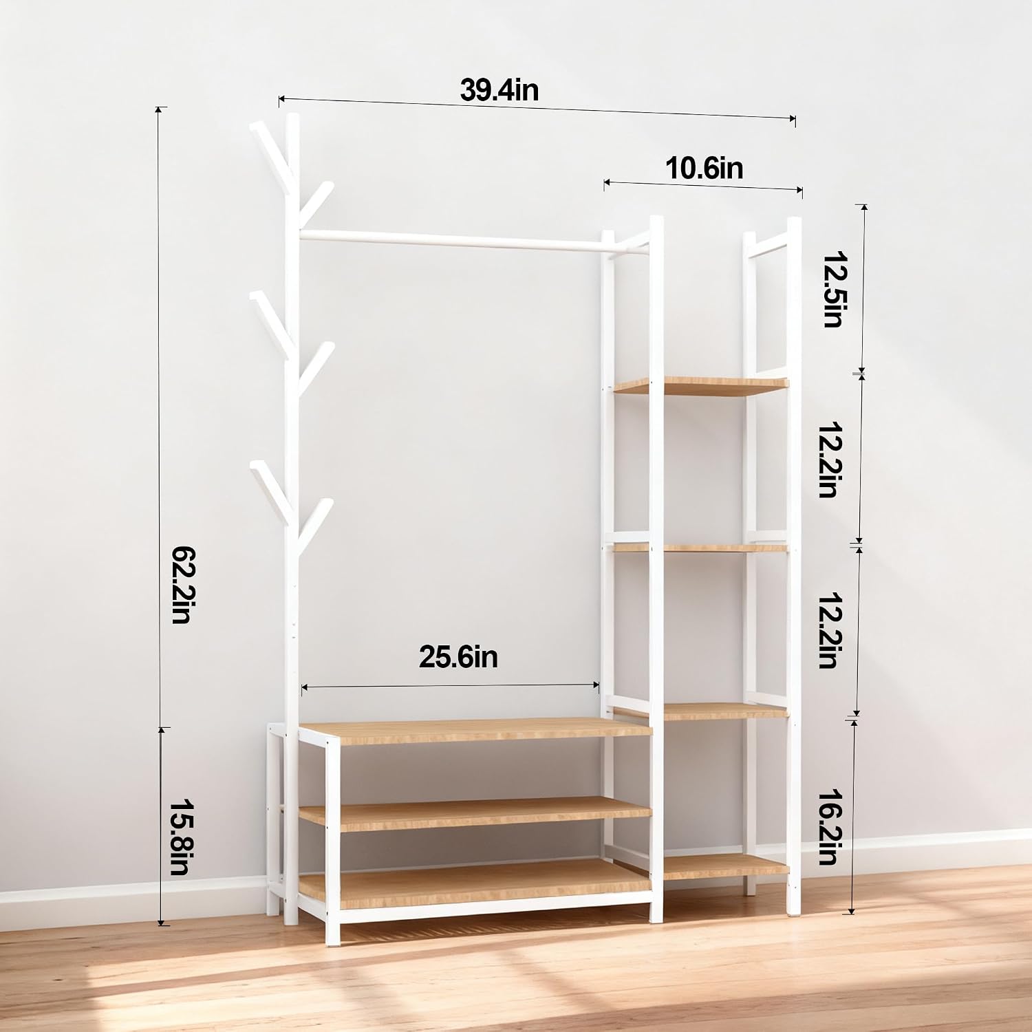 4 in 1 Freestanding Closet Organizer with Coat Rack & Shoes Rack & 5 Side Shelves, Heavy Duty Wood Clothing Rack for Hanging Clothes, Multi-functional Wardrobe Closet for Bedroom, Living Room (White)