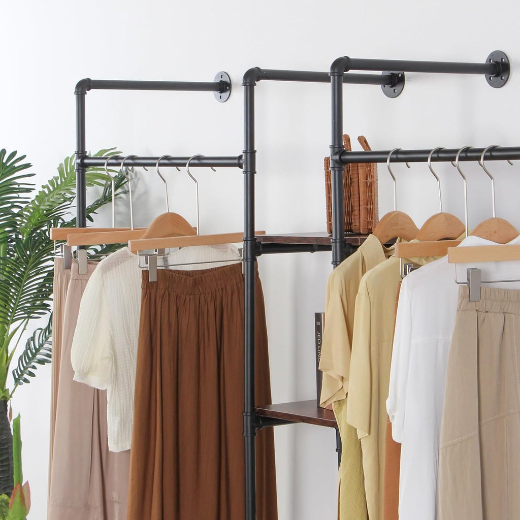 Wall Mounted Industrial Pipe Heavy Duty Clothes Rack, Clothing Rods for Hanging Clothes, Freestanding Clothing Rack with 2 Hang Rods & 4 Shelves, 72.8' W x 17.7' D x 71' H