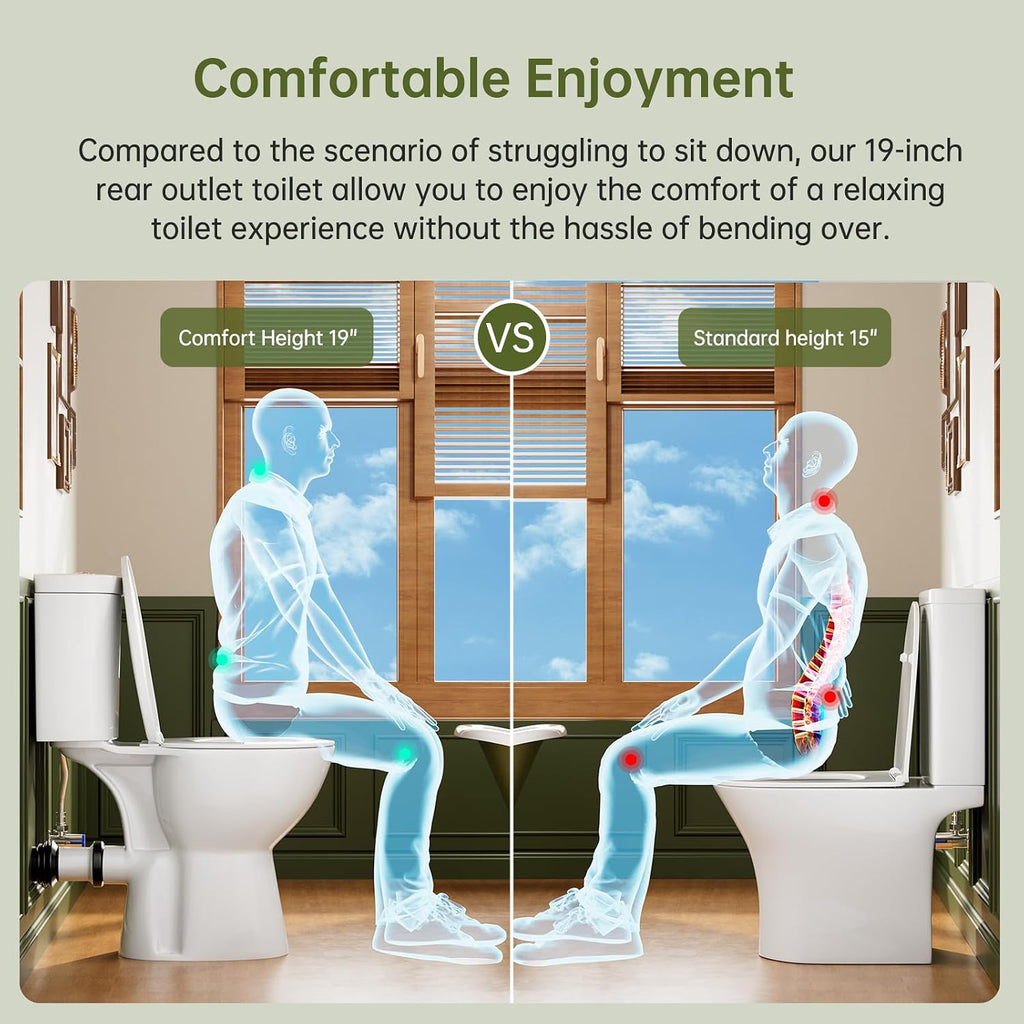 Simple Project Rear Outlet Toilet with Tank, 19 Inch ADA Rear High Toilet, Dual Flush 1/1.28GPF Back Discharge Tall Toilet with Comfort Soft Close Seat for Seniors -Includes Extension Pipe