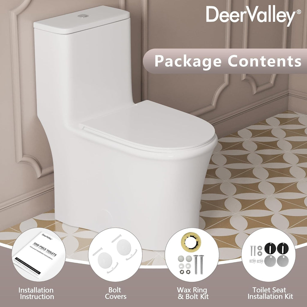 DeerValley One Piece Toilet, Elongated Toilet for Bathroom with 17.24' Comfortable Chair Seat Height, Dual Flush 0.8/1.28 GPF and MAP 1000g, Modern Toilet, 12' Rough-In Toilet Bowl