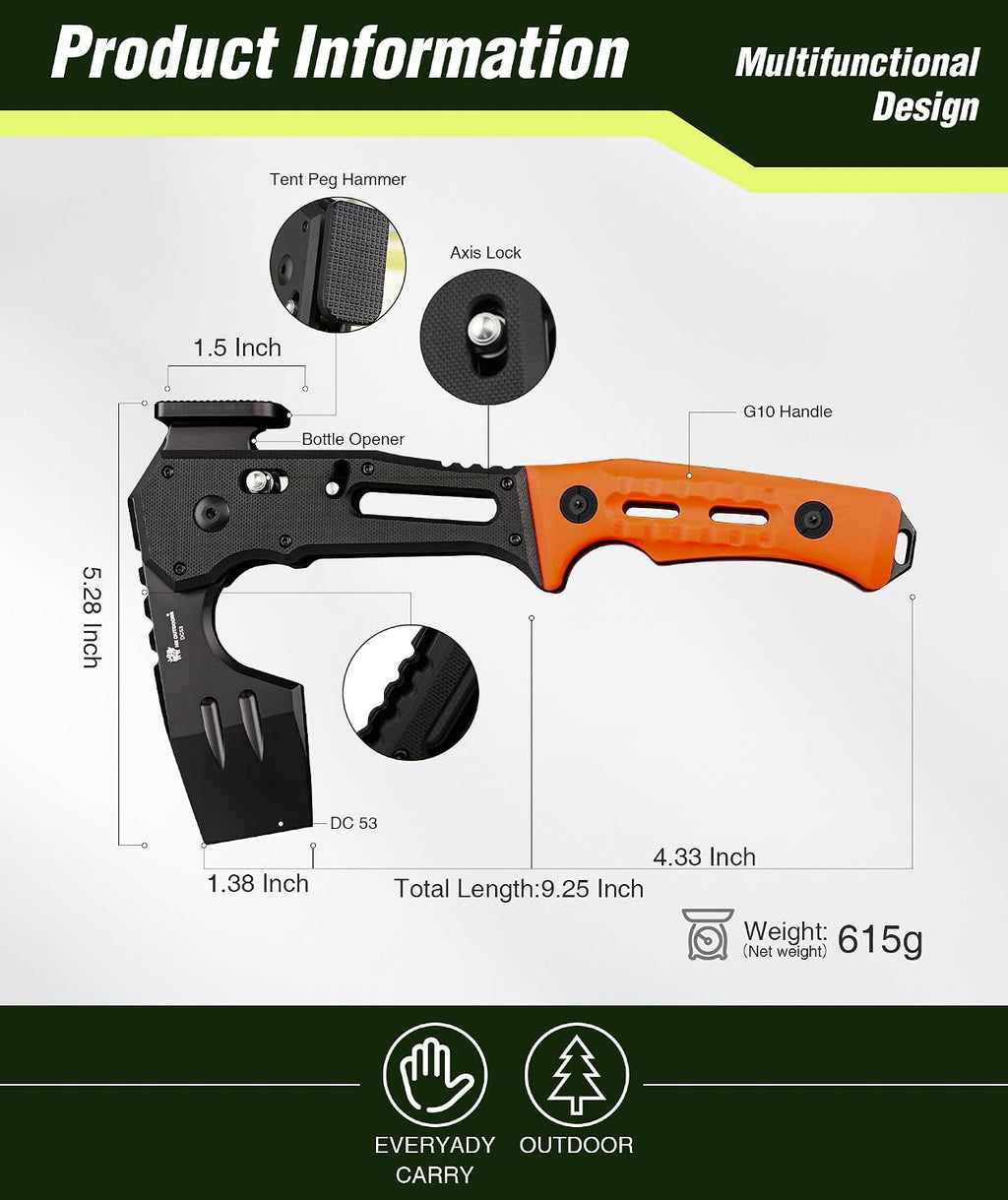 HX OUTDOORS Folding Hatchet Axe Survival Multitool, DC53 Steel Blade with Black Titanium, Camping Hatchet with Hammer, G10 Handle for Outdoor Gear,Various Tactical and Survival (Orange)