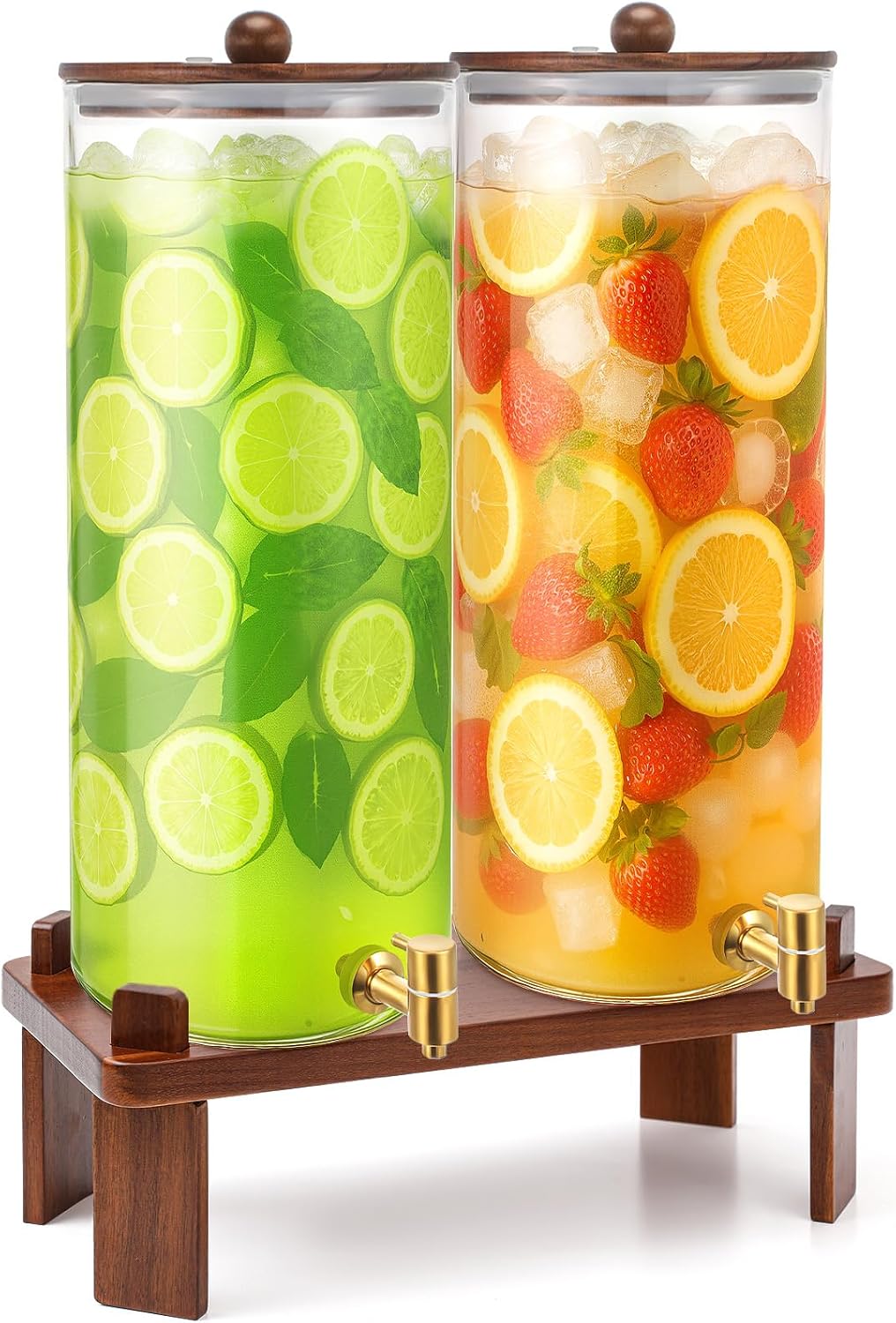 FillTouch 2 Pack 4 Gallon Glass Drink Dispenser with Acacia Wood Stand and Lid, Large Glass Beverage Dispenser with Spigot Perfect for Juice, Tea, Sangria, Lemonade, Weddings, Party, Outdoor Events