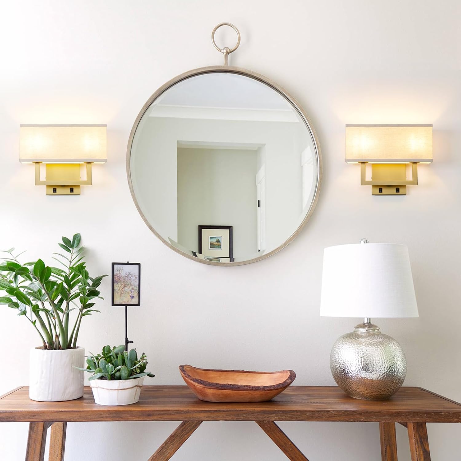 Yosoan Set of 2 Linen Fabric Boho Wall Sconce Bedside Light with On Off Switch, 2-Light Brass Hardwired Vintage Industrial Dual Wall Mount Lamp Square Shade for Bedroom Living Room Stairwell(Antique)