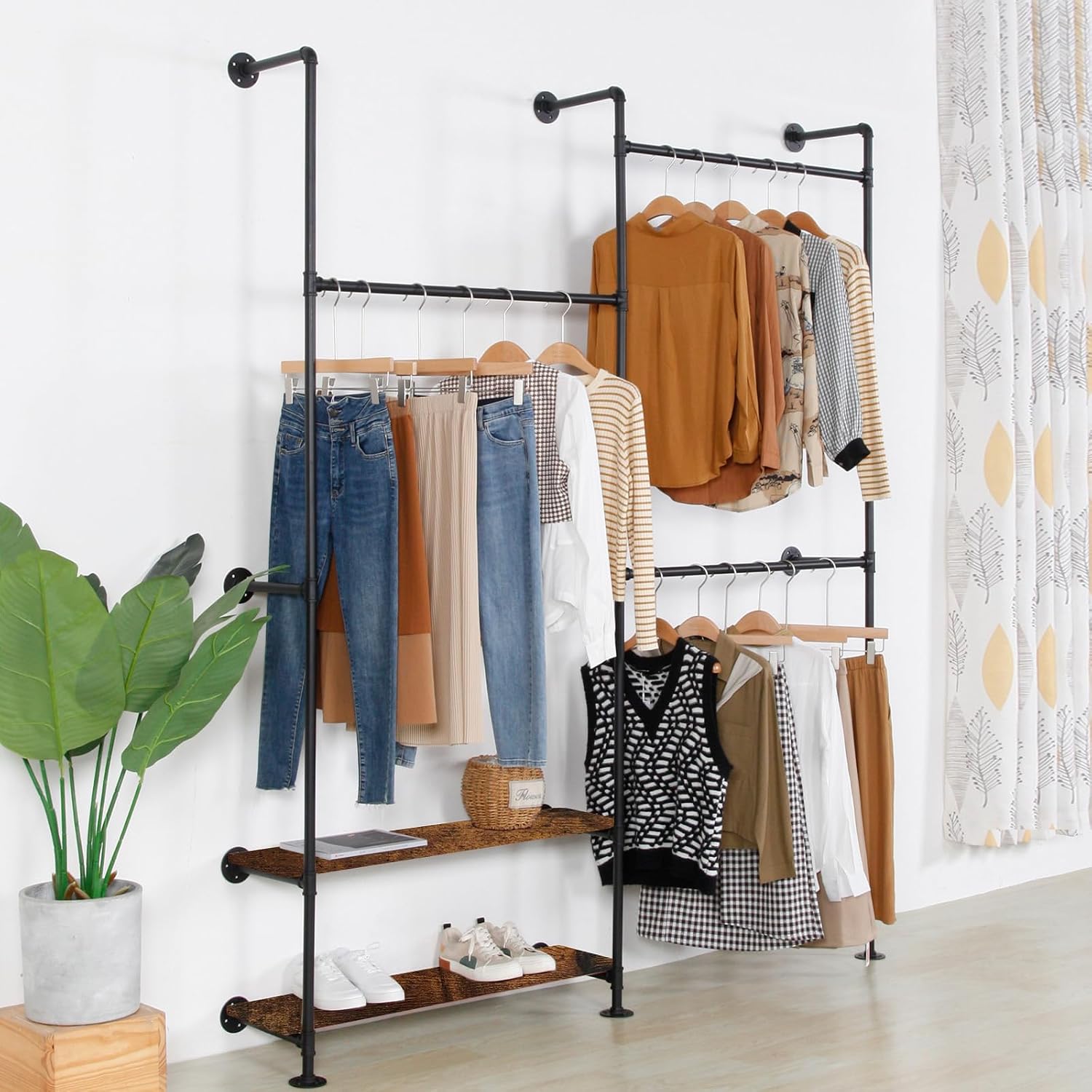 Industrial Pipe Clothing Rack Wall Mounted - Heavy Duty Wood Shelves Garment Display for Bedroom/Retail Stores, Steampunk Clothes Hanger Organizer, Black(91.7X74.8inch)