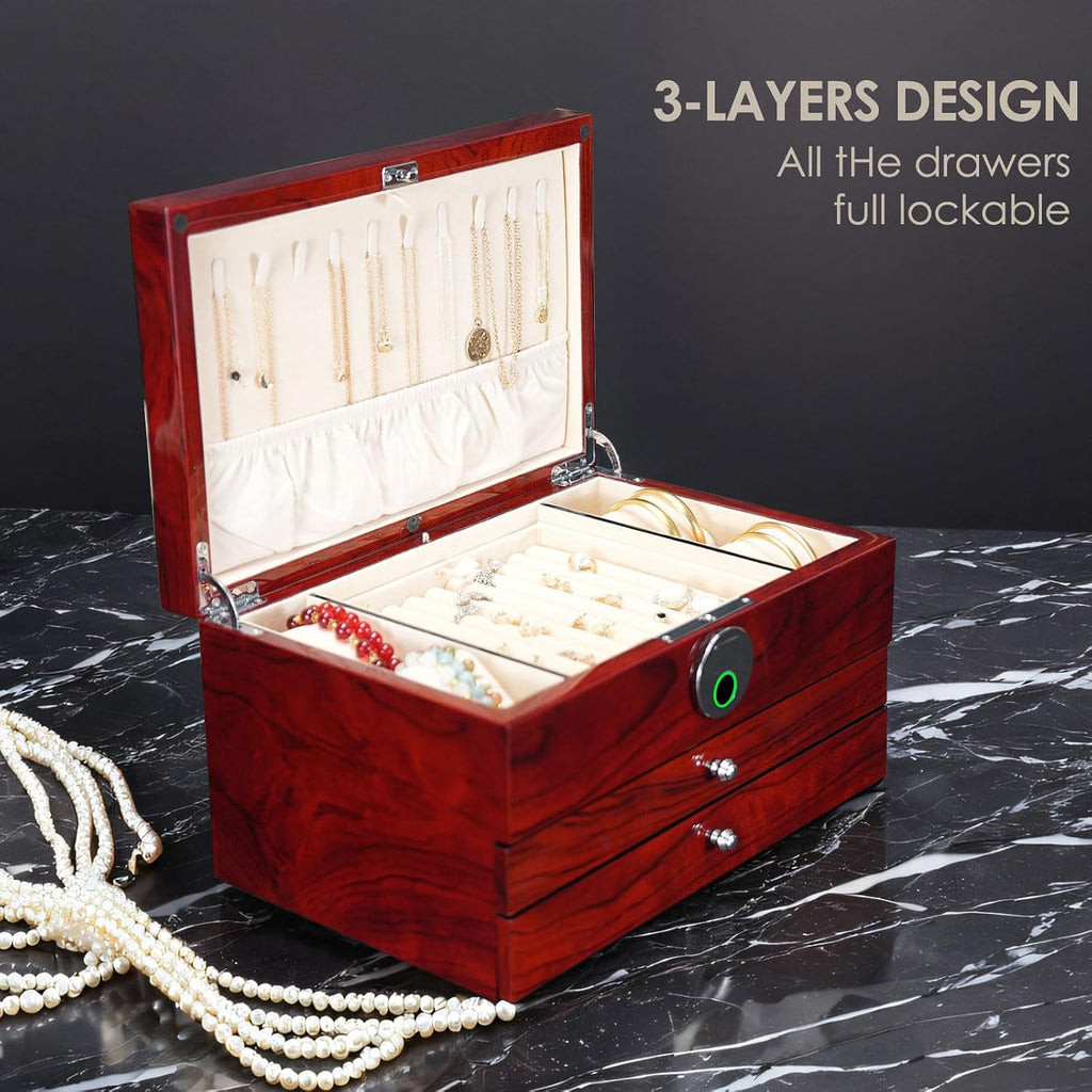 Wood Jewelry Box for Women, 3-layers Large Jewelry Storage Box&Organizer Fingerprint Lock, Drawers Full Locking, Mother Gifts (3L-RS)