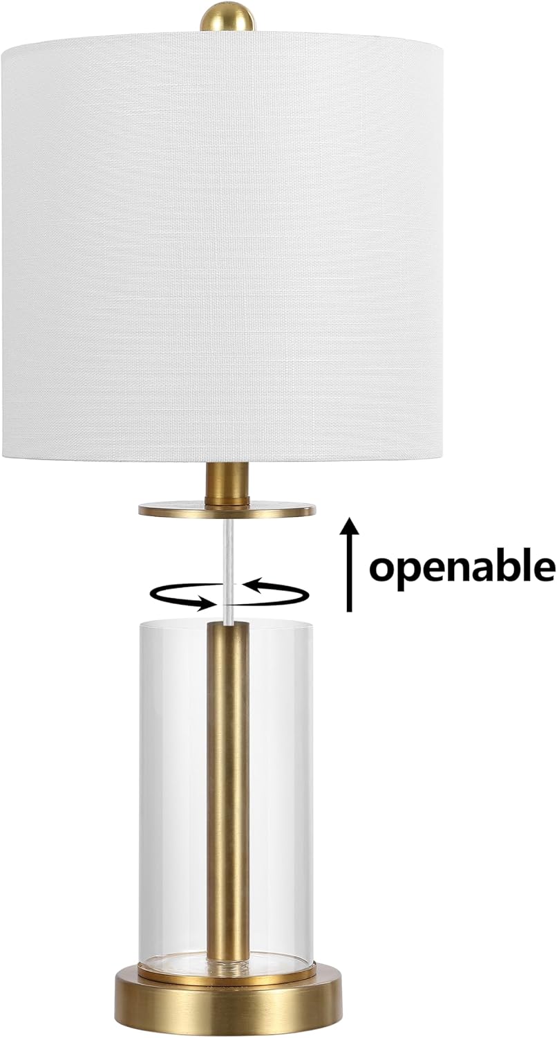 JONATHAN Y 20.5' Brass Gold Fillable Glass Table Lamp Set of 2, Modern Nightstand Lamps for Living Room Bedroom Office, White Linen Shade, LED Bulbs Included (JYL8508B-SET2)