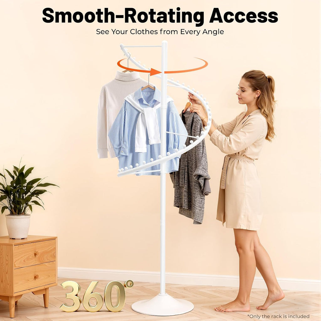 Heavy Duty Spiral Rotating Clothing Rack, 360° Freestanding Garment Display Modern Stand, Portable Round Standing Metal Sturdy Hanger for Space Saving, Modern Retail & Home, Shops, Boutique (White)