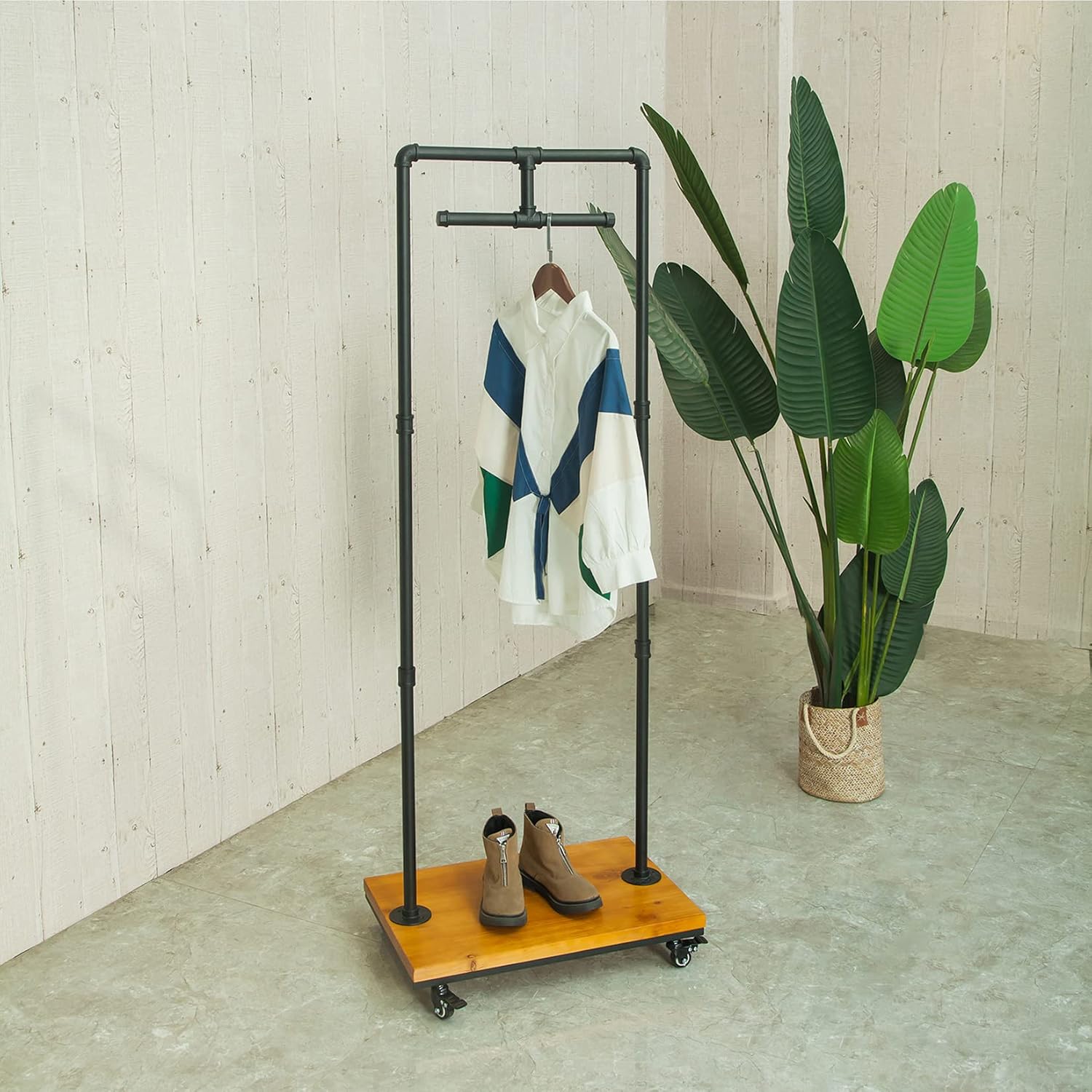 Clothing Store Rolling Garment Rack with Wheel,Industrial Pipe Clothing Storage Display Rack,Floor-Standing Hanging Rods Hangers Clothes Shelves (Black)