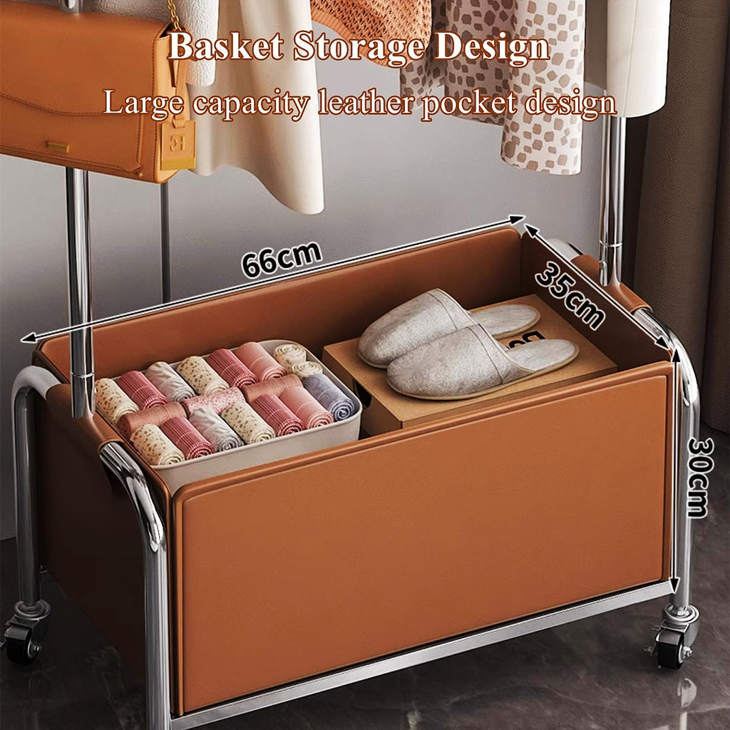 Heavy Duty Rolling Garment Rack with Wheels, Clothes Rack with Leather Storage Bag and Side Hooks, Freestanding Wardrobe Storage Rack Metal Clothing Rack, Brown