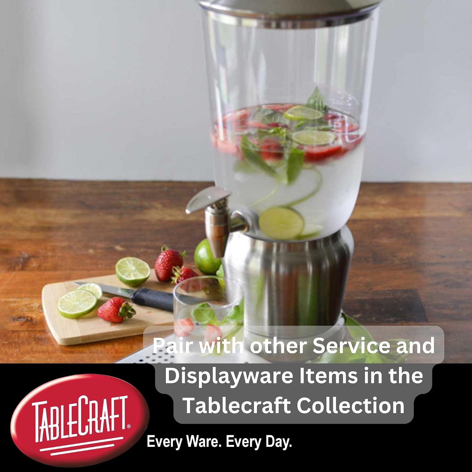 TableCraft 10451 Upscale Beverage Dispenser, 4-1/2' Gallon, Stainless Steel with Nickel Plated ABS Faucet, Tritan Reservoir, Stainless Steel Base