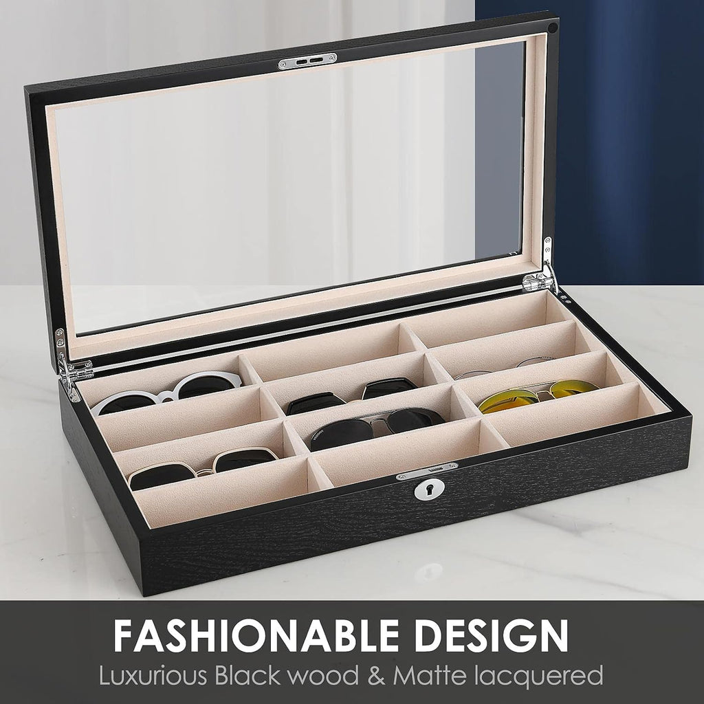 Sunglasess Organizer 12 Slot Wood Glasses Case for Women Men, Eyeglasses Storage Box, Sunglasses Holder Display