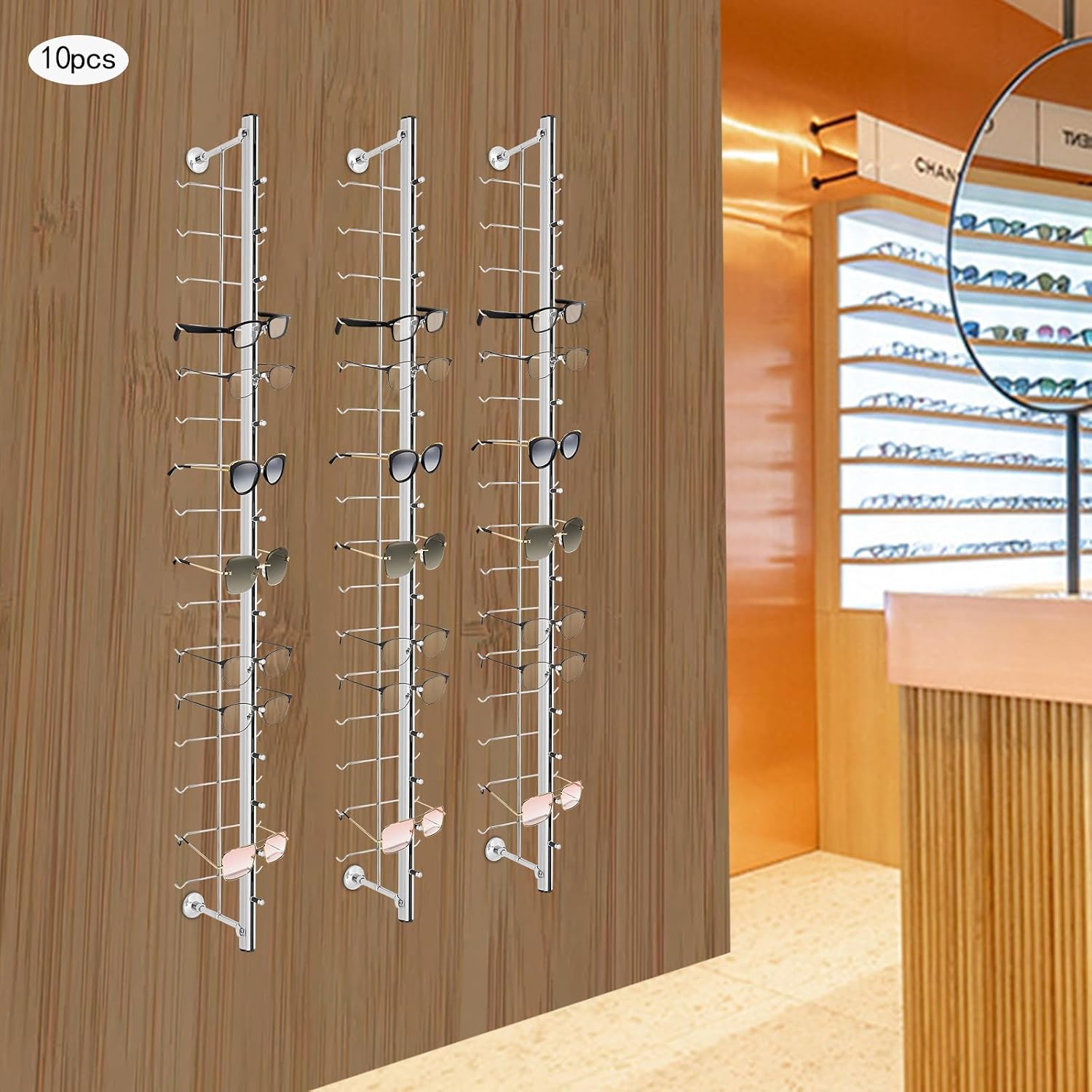 10 Pcs Aluminum Eyeglass Display Rod, Wall Mount Sunglasses Display Stand Holder Organizer for Optical Store & Home Use (48 Inch, Hold 16 Frames)