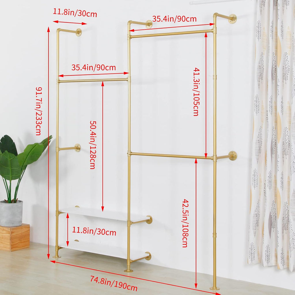 Industrial Style Wall Mounted Clothing Rack - Heavy Duty Pipe Garment Rack with Wood shelves, Multi-Functional Wardrobe System for Boutique/Closet,Gold (74.8' W x91.7 H)