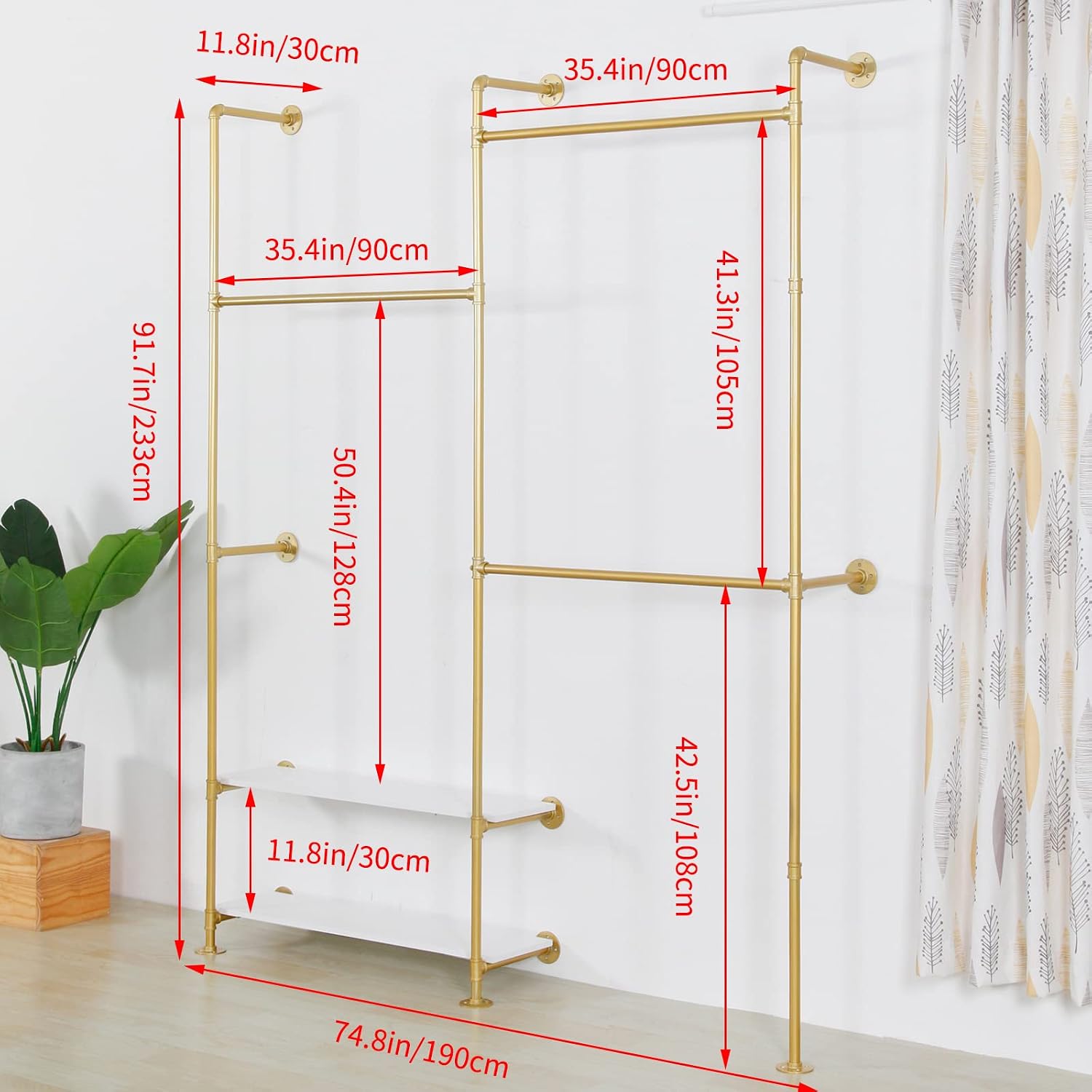 Industrial Style Wall Mounted Clothing Rack - Heavy Duty Pipe Garment Rack with Wood shelves, Multi-Functional Wardrobe System for Boutique/Closet,Gold (74.8' W x91.7 H)