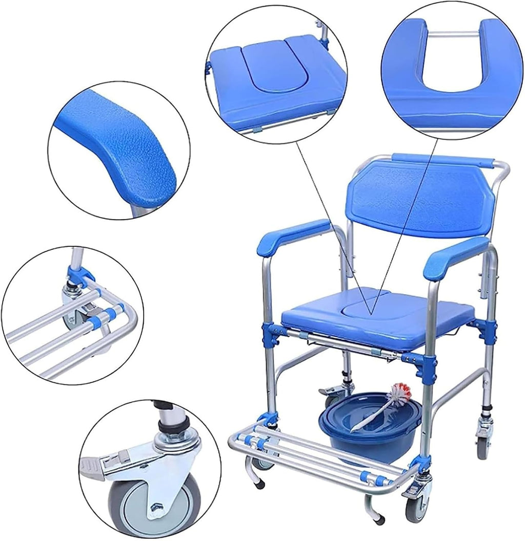 Bedside Commode,Toilet Seat with Handles Portable Aluminum Alloy Wheelchair Commode Toilet Seat Medical Transport Washable Rolling Chair with Casters