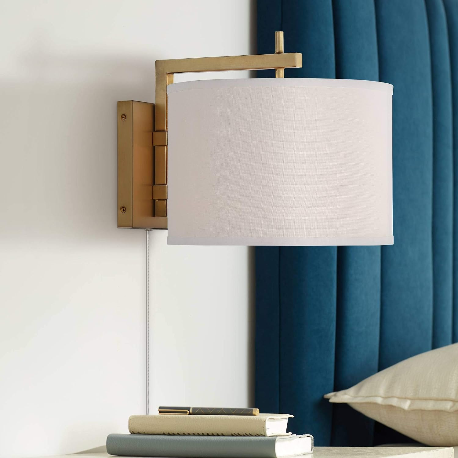 360 Lighting Adair Mid Century Modern Wall Mounted Lamp Warm Brass Metal Plug-in Light Fixture White Linen Drum Shade Bedroom Bedside House Reading Living Room Home Hallway Dining Kitchen
