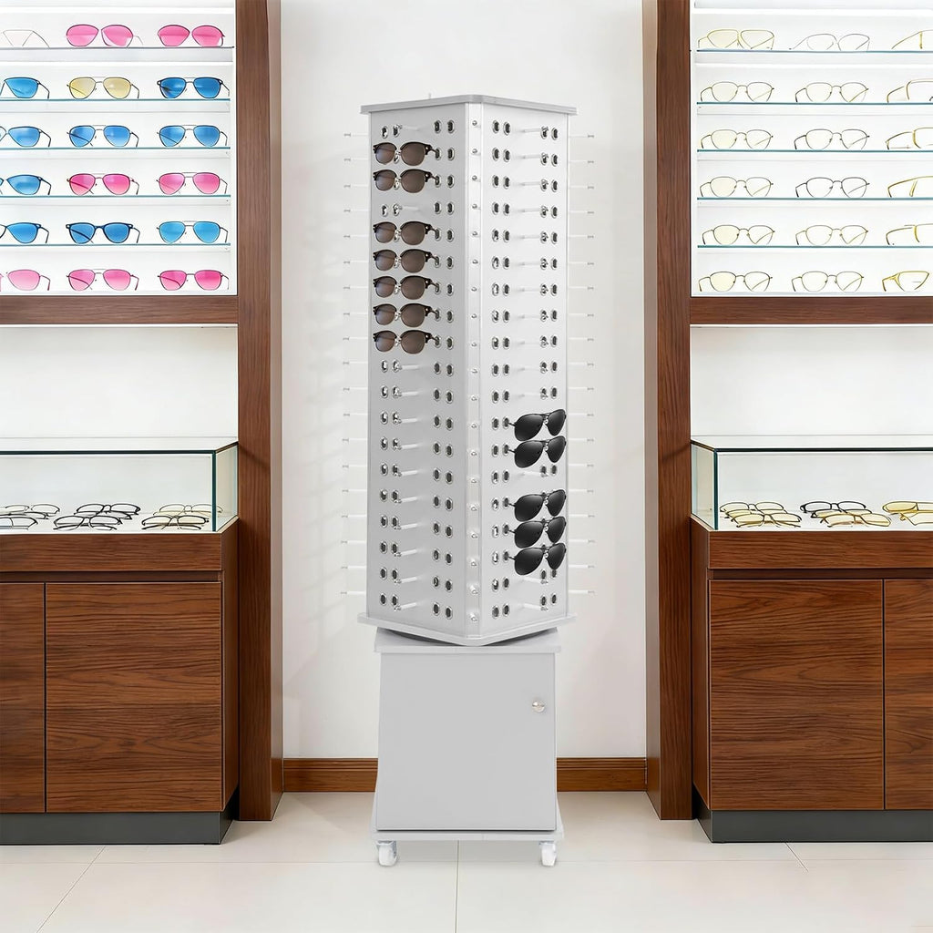 Rotating Sunglass Stand Display Rack, 152 Pairs 4-Sided Eyeglass Retail Display Stand, Floor Standing Eyewear Holder Organizer with Storage Cabinet&Wheels, Rolling Eyeglasses Turning Stand for Store