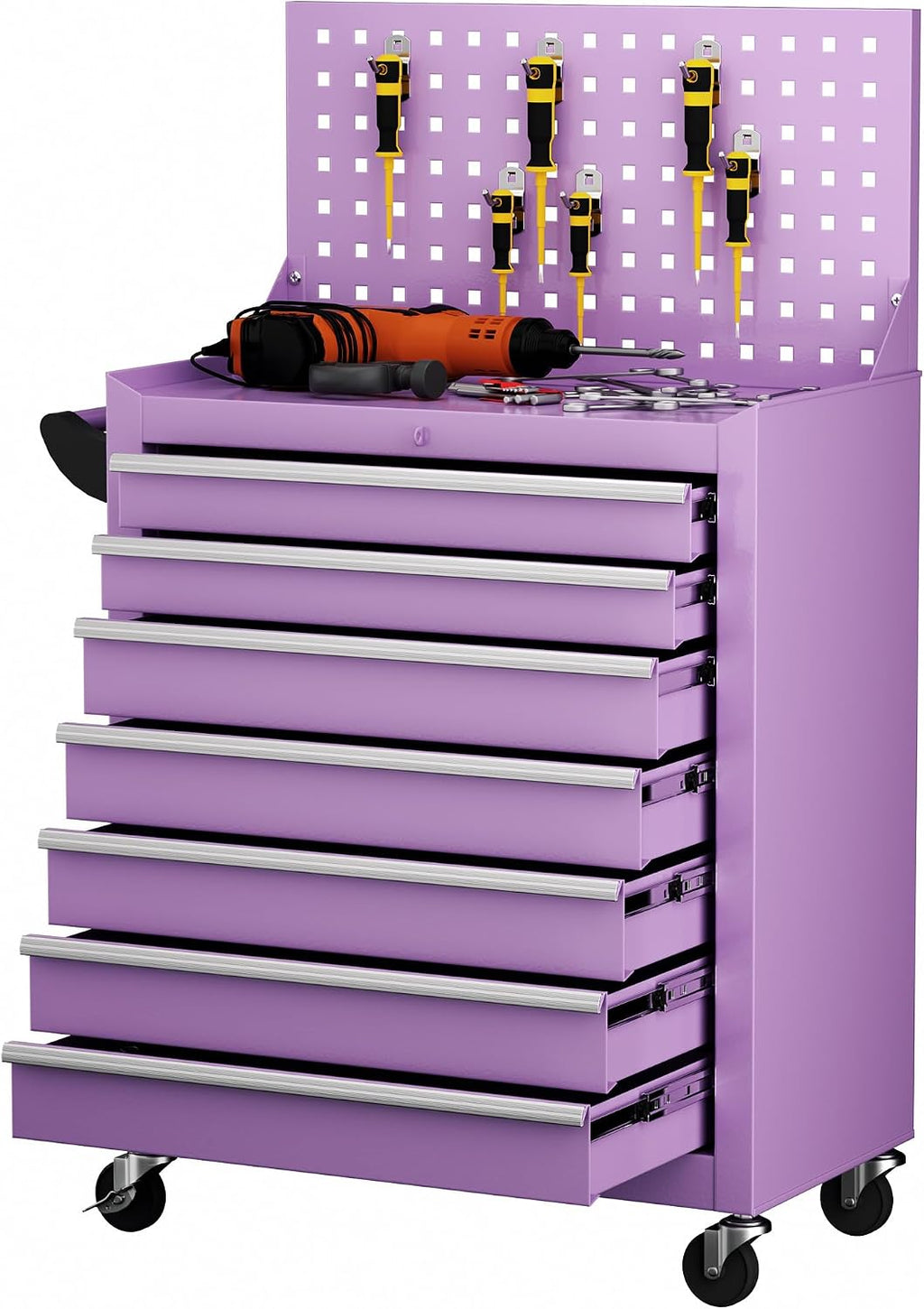 Superday Rolling Tool Chest, 7 Drawer Portable Tool Chest with Wheels, Tool Storage Cabinet with Lock for Garage, Steel Tool Cart with Pegboard & Hooks for Workshop, Warehouse (Purple)
