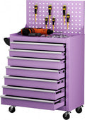 Superday Rolling Tool Chest, 7 Drawer Portable Tool Chest with Wheels, Tool Storage Cabinet with Lock for Garage, Steel Tool Cart with Pegboard & Hooks for Workshop, Warehouse (Purple)