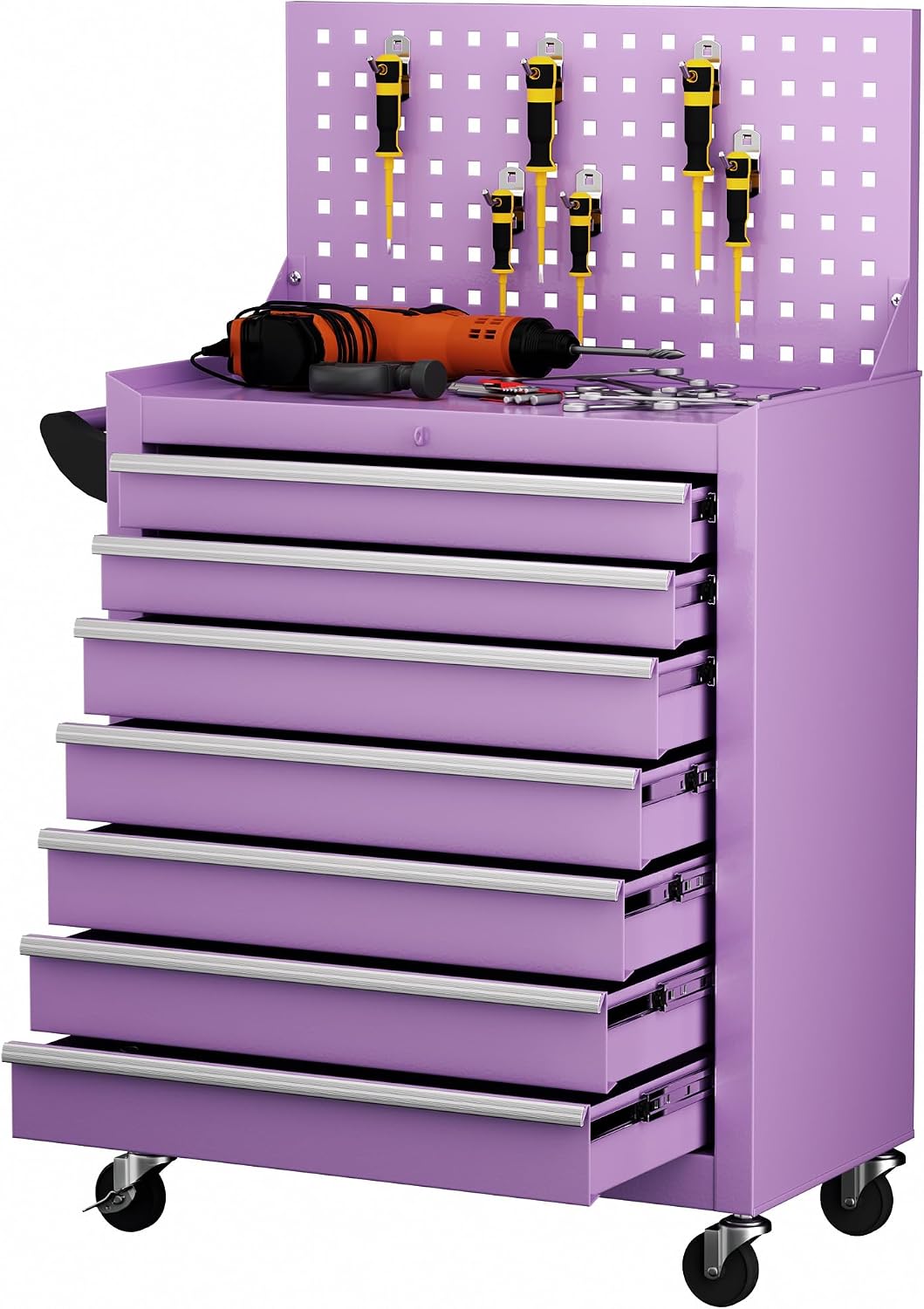 Superday Rolling Tool Chest, 7 Drawer Portable Tool Chest with Wheels, Tool Storage Cabinet with Lock for Garage, Steel Tool Cart with Pegboard & Hooks for Workshop, Warehouse (Purple)