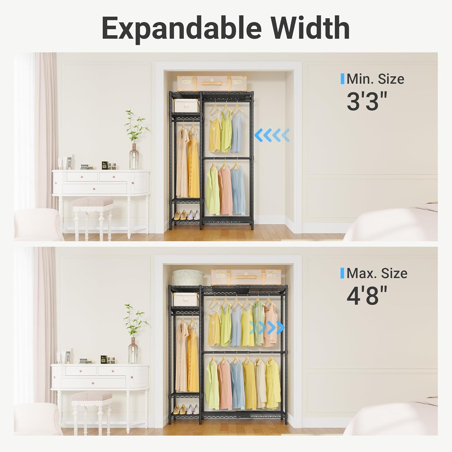 VIPEK X20 Expandable Metal Clothing Rack Adjustable from 3'3' to 4'8' Heavy Duty Garment Racks with Adjustable Shelves and Hanger Rods Portable Wardrobe Open Closet Rack System, Black