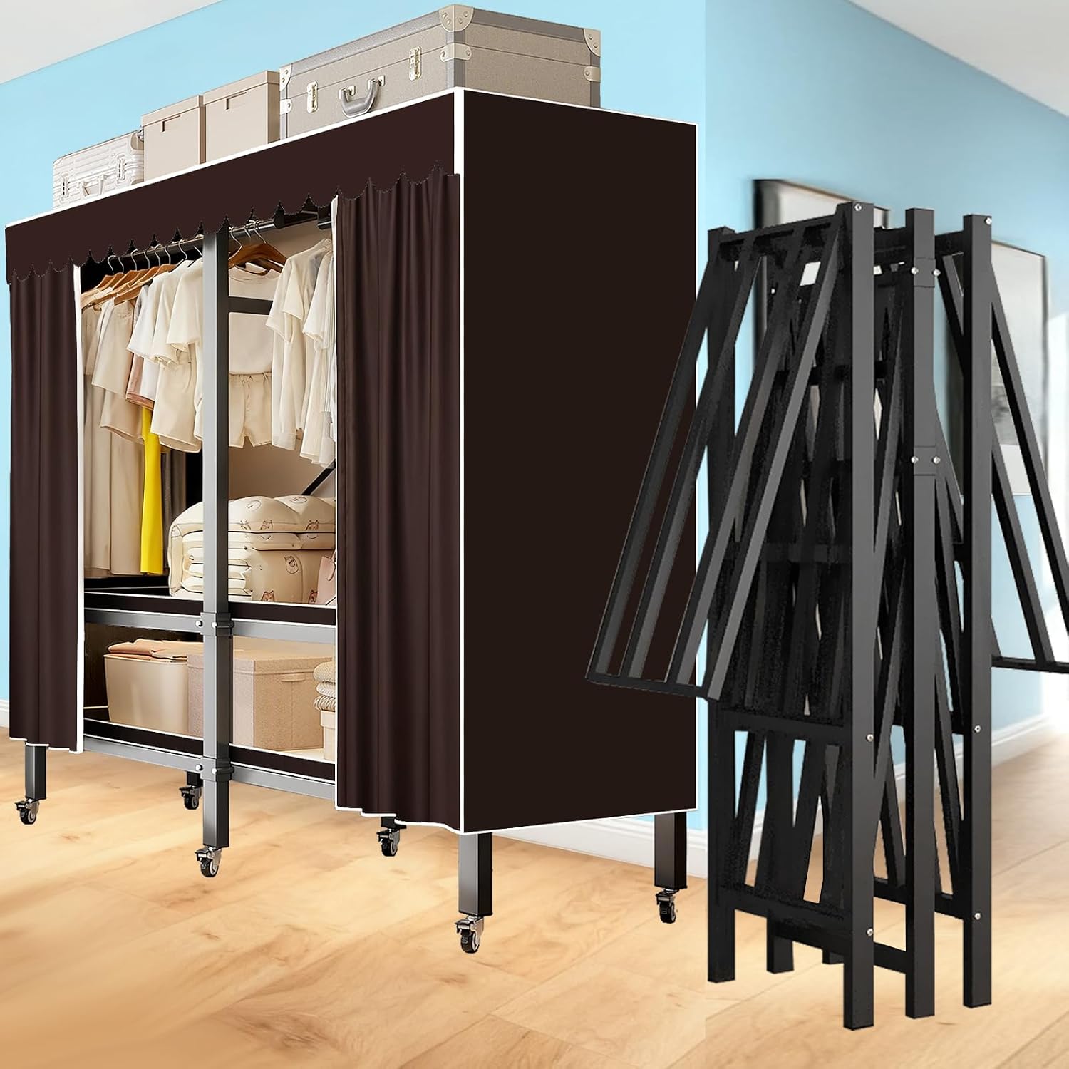 Garment Rack with Cover, Heavy Duty Portable Wardrobe Closet 2000LB, Foldable Clothe Rack with Wheel, Clothes Rack for Hanging, Amoires Clothing Coat Storage Rack (Coffee-Zipper, 75in)