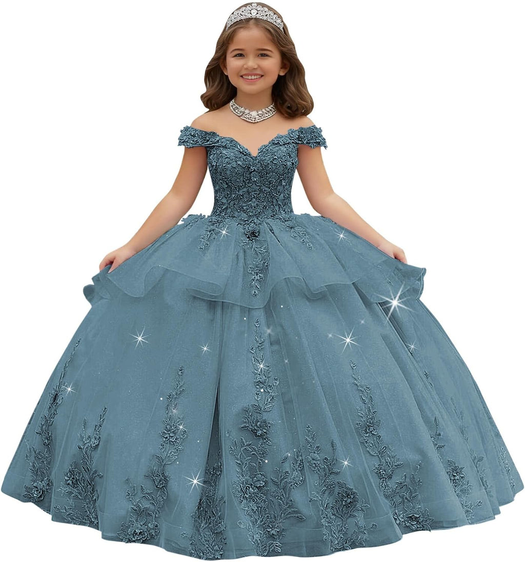 Crystal Lace Applique Flower Girl Dress Layered 3D Floral First Communion Dresses Off Shoulder Girls Pageant Dresses