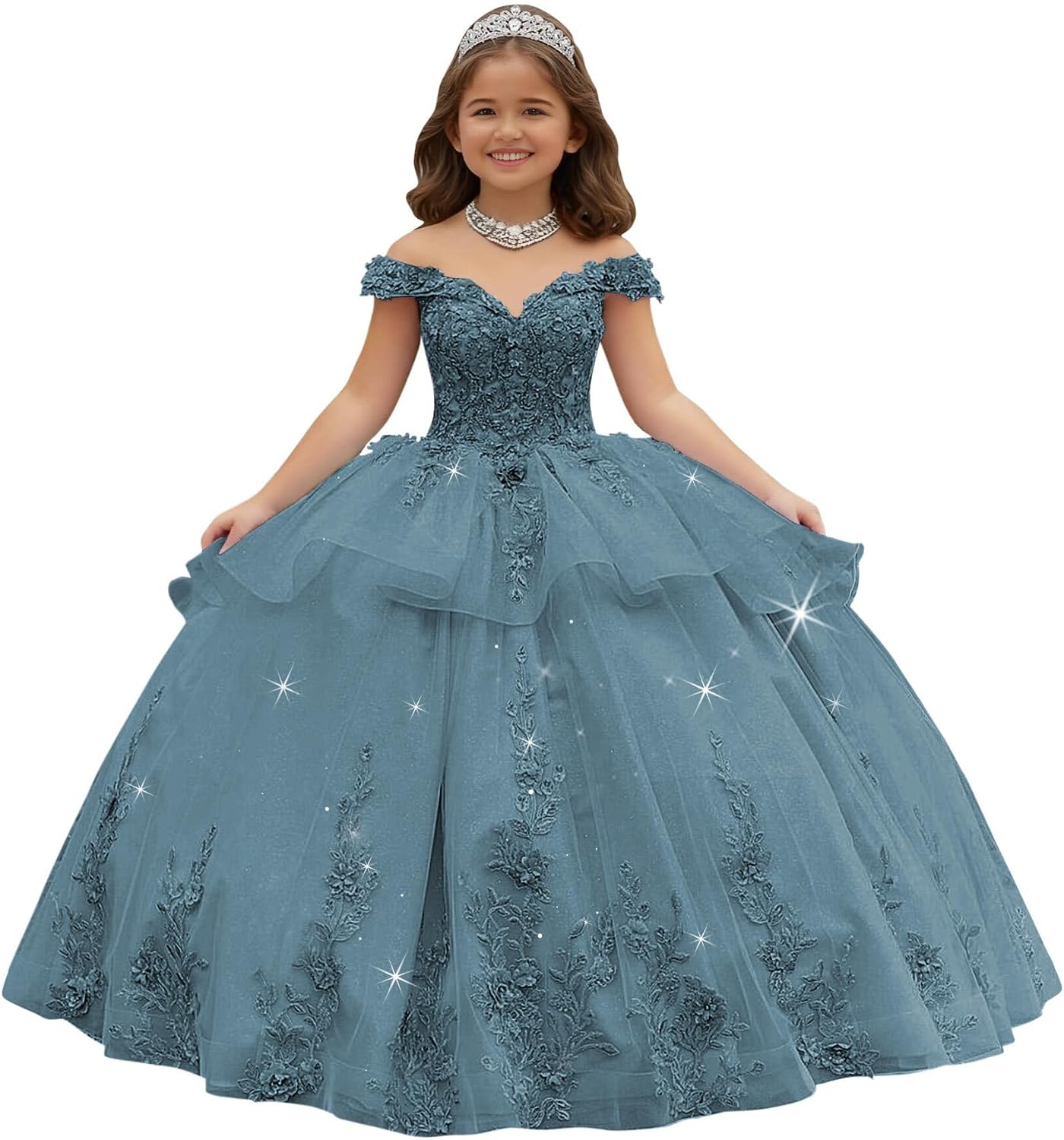 Crystal Lace Applique Flower Girl Dress Layered 3D Floral First Communion Dresses Off Shoulder Girls Pageant Dresses