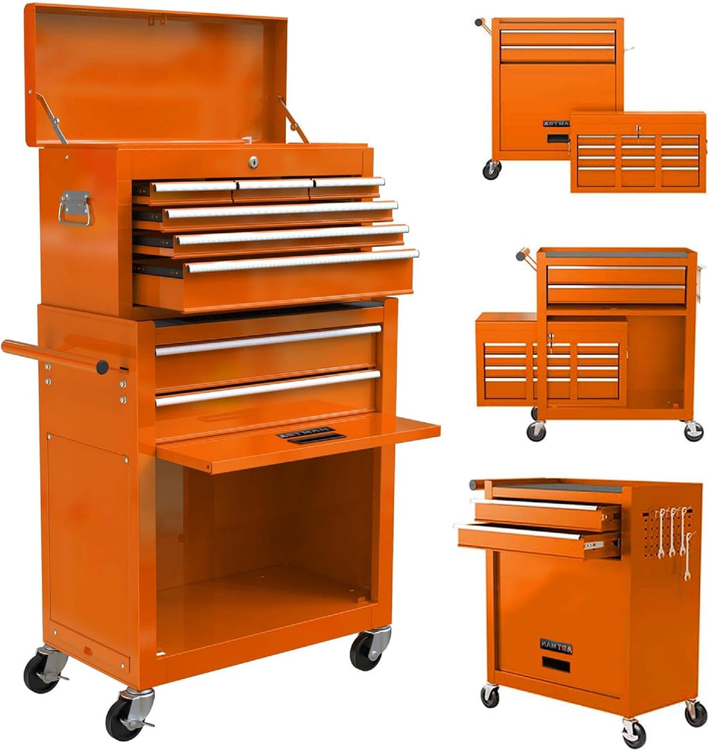 Campfun Rolling Tool Chest with Wheels, 8-Drawer Tool Box Organizer Tool Cabinet, Detachable Large Tool Cabinet with Lock, Mechanic Tool Cart High Capacity Tool Storage Cabinet, Orange
