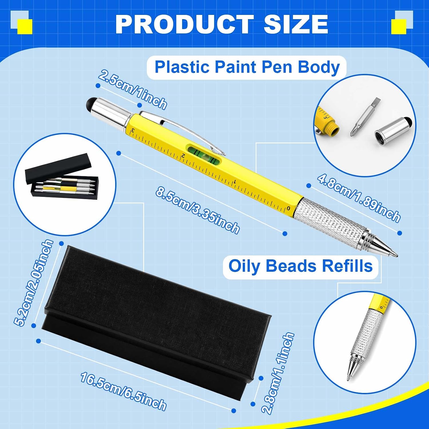 Zhanmai 300 Pcs Gift for Men Multitool Pen 6 in 1, Screwdriver Tool Multi Functional Pen for Dad Husband Grandpa Birthday Gift Level Ballpoint Stylus (Gold, Black, Silver, Yellow)