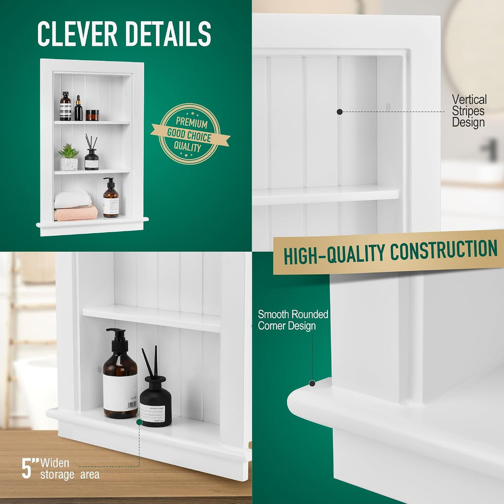 14 x 24 Medicine Cabinet Recessed, Wall Niche, Bathroom Wall Cabinet, 3-Tier, Between Studs Shelving for Drywall, White
