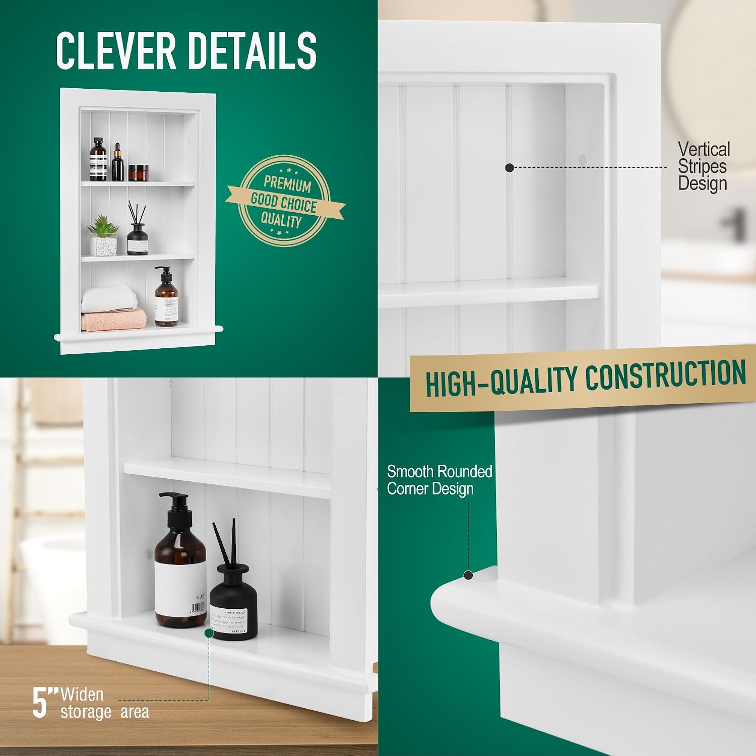 14 x 24 Medicine Cabinet Recessed, Wall Niche, Bathroom Wall Cabinet, 3-Tier, Between Studs Shelving for Drywall, White