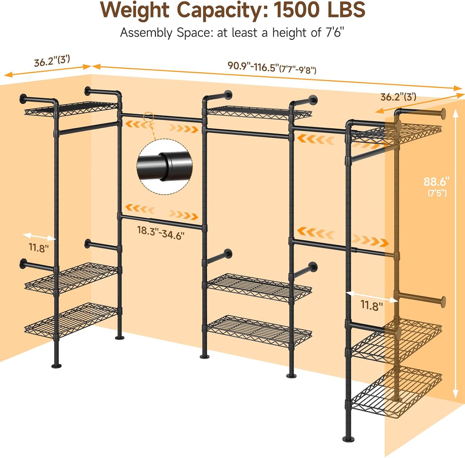 U5 Wall Mounted Closet System, Industrial Pipe Clothing Rack Garment Racks for Hanging Clothes, Heavy Duty Closet Organizers System in Wardrobe Closet, Black