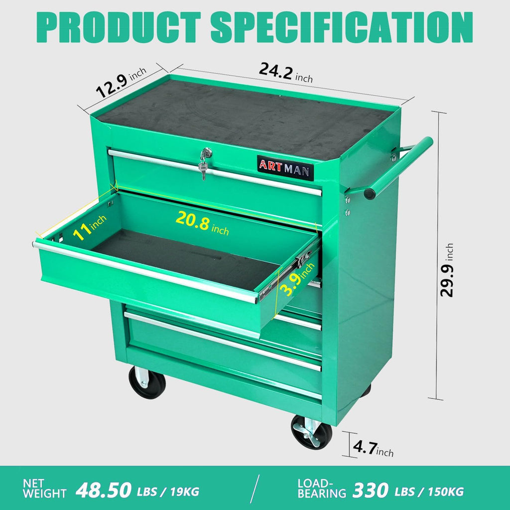 5-Drawer Tool Cart on Wheels, Drawers Rolling Tool Chest with Key Lock, Mobile Trolley Organizer Tools Box with Locking Wheels & Ball Bearing Drawers for Garage,Warehouse,Repair Shop (Green)