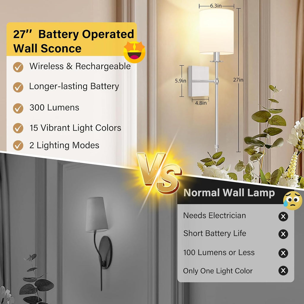 27 Inch Battery Operated Wall Sconces Set of 2 with Remote, Brushed Nickel Rechargeable Wireless Wall Lights with White Fabric Shade, Cordless Wall Lamps with Dimmable Detachable Bulbs for Bedroom