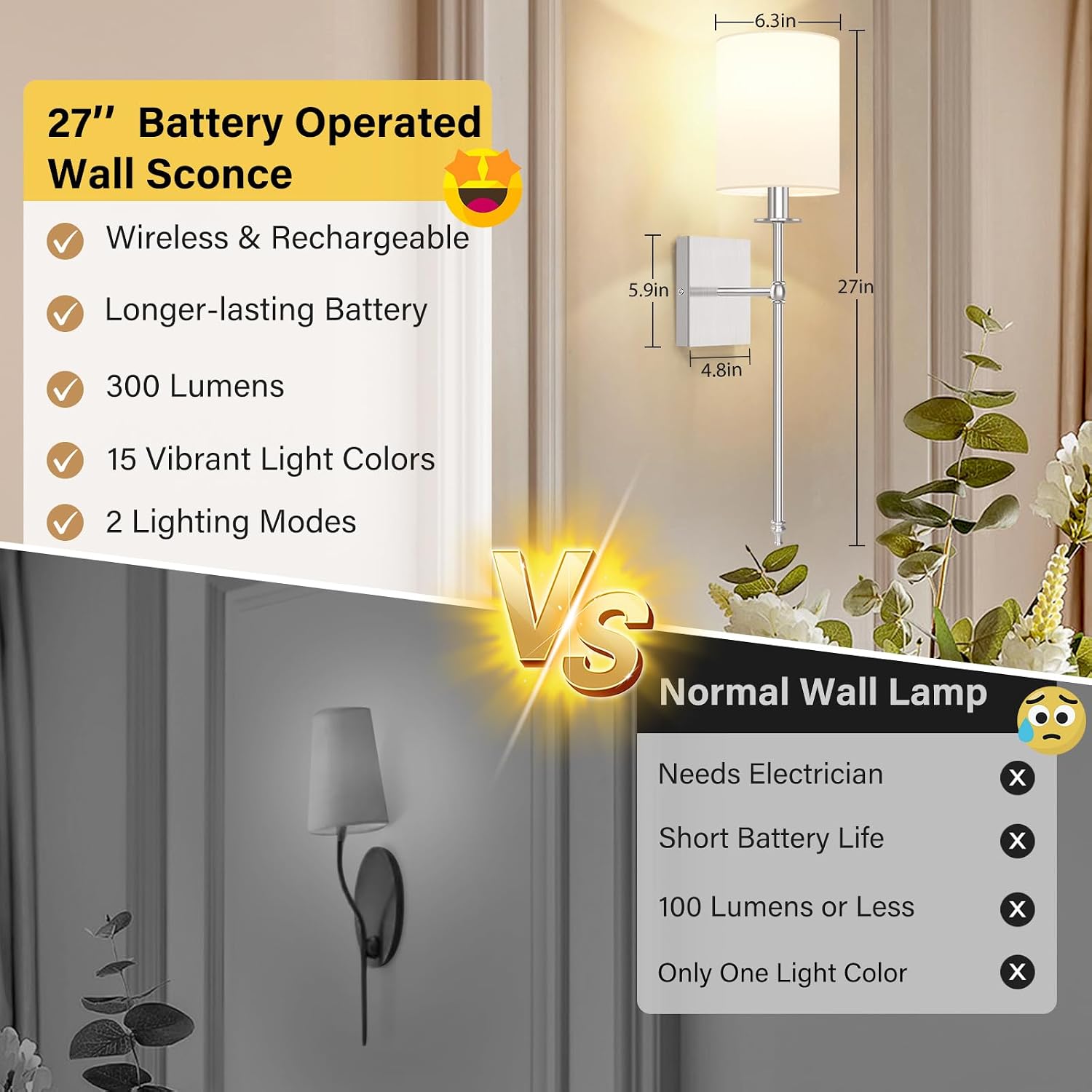 27 Inch Battery Operated Wall Sconces Set of 2 with Remote, Brushed Nickel Rechargeable Wireless Wall Lights with White Fabric Shade, Cordless Wall Lamps with Dimmable Detachable Bulbs for Bedroom