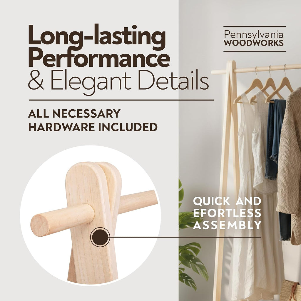 Pennsylvania Woodworks Handcrafted Maple Garment Rack - Sleek & Stylish Clothing Storage, Home Organization, Boutique Display, Coat Rack, Laundry Room Decor - Made in the USA (Medium)