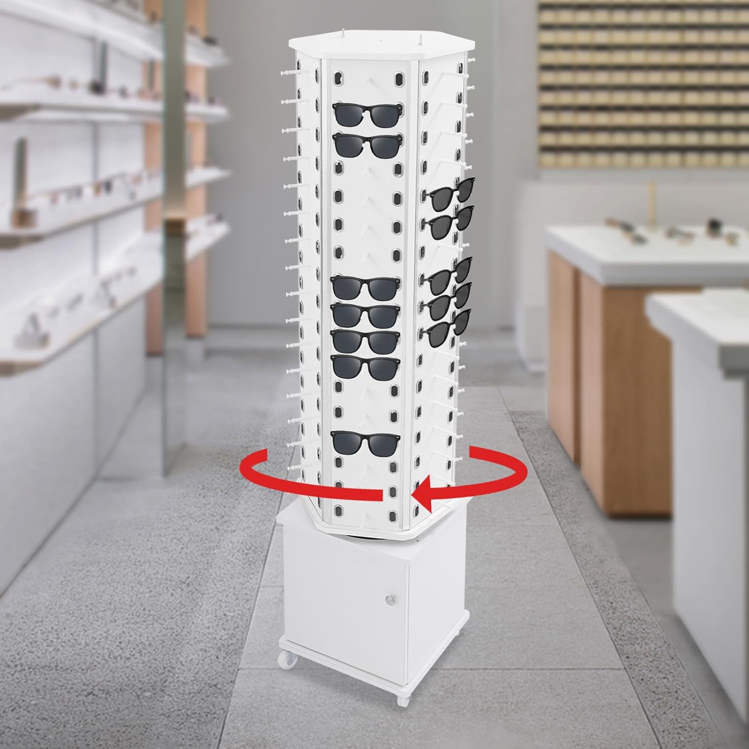 102 Pairs Rotating Glasses Display Stand, Eyewear Storage Organizer with Cabinet & Wheels, Commercial Sunglasses Display Rack, Optical Shop Glasses Holder (White)