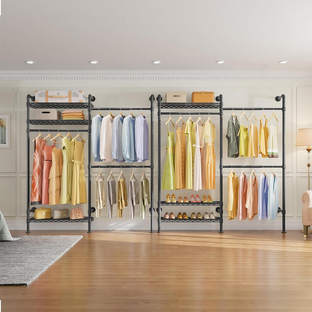 Timate F2 Industrial Pipe Clothes Rack Wall Mounted Clothing Rack for Hanging Clothes, Expandable Garment Racks Heavy Duty Wardrobe Closet Organizer and Storage, Black Adjustable Industrial Closet Kit
