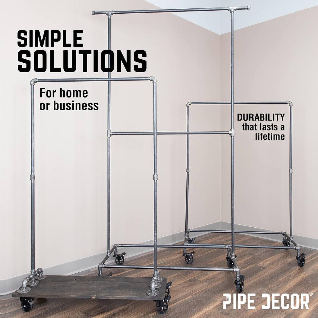 PIPE DECOR 39' x 20 ¼' x 82' Rolling Steel Pipe Double Rod Clothing Rack, Commercial or Residential Industrial Clothes Display, Heavy Duty Black Steel Metal Wheeled Garment Frame