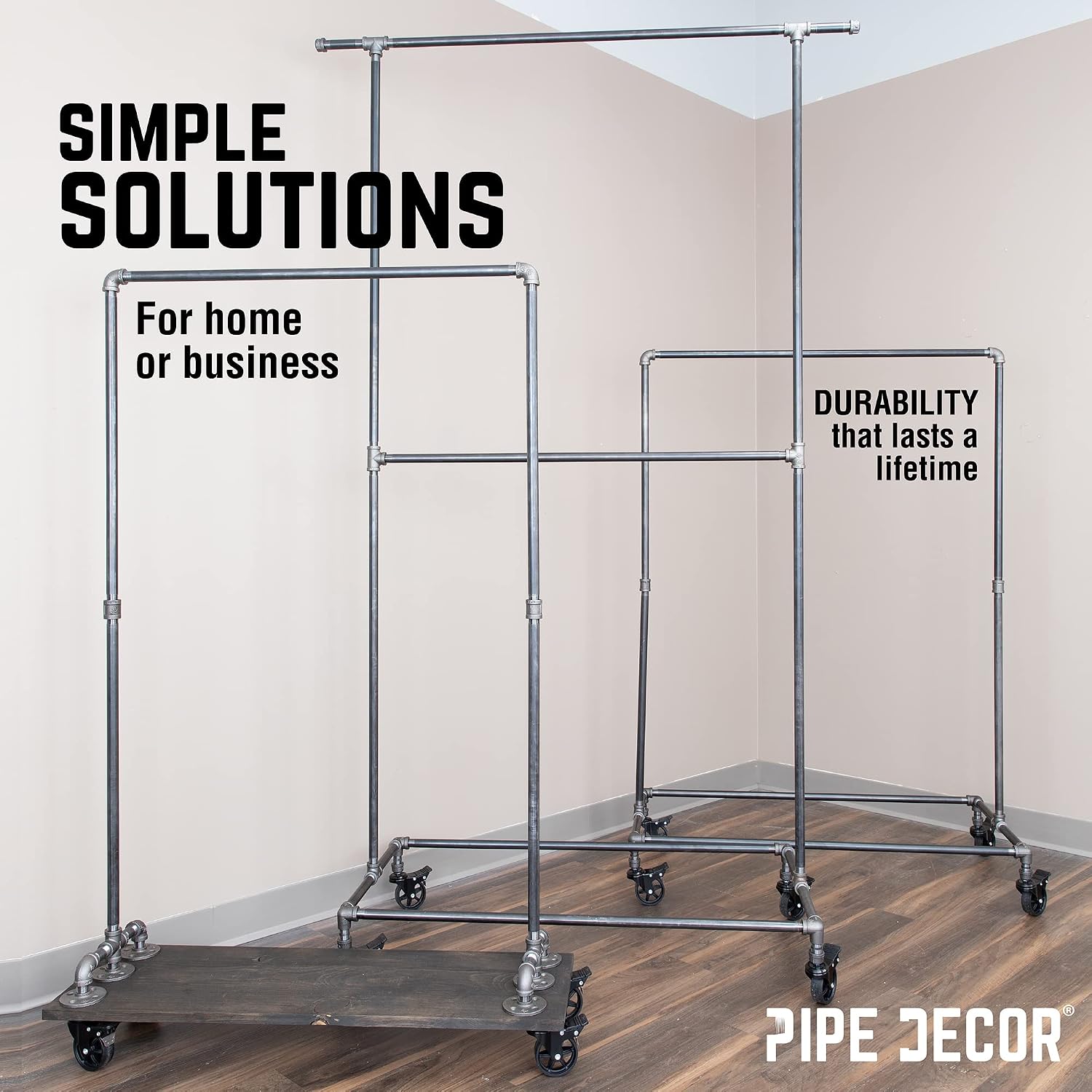 PIPE DECOR 39' x 20 ¼' x 82' Rolling Steel Pipe Double Rod Clothing Rack, Commercial or Residential Industrial Clothes Display, Heavy Duty Black Steel Metal Wheeled Garment Frame