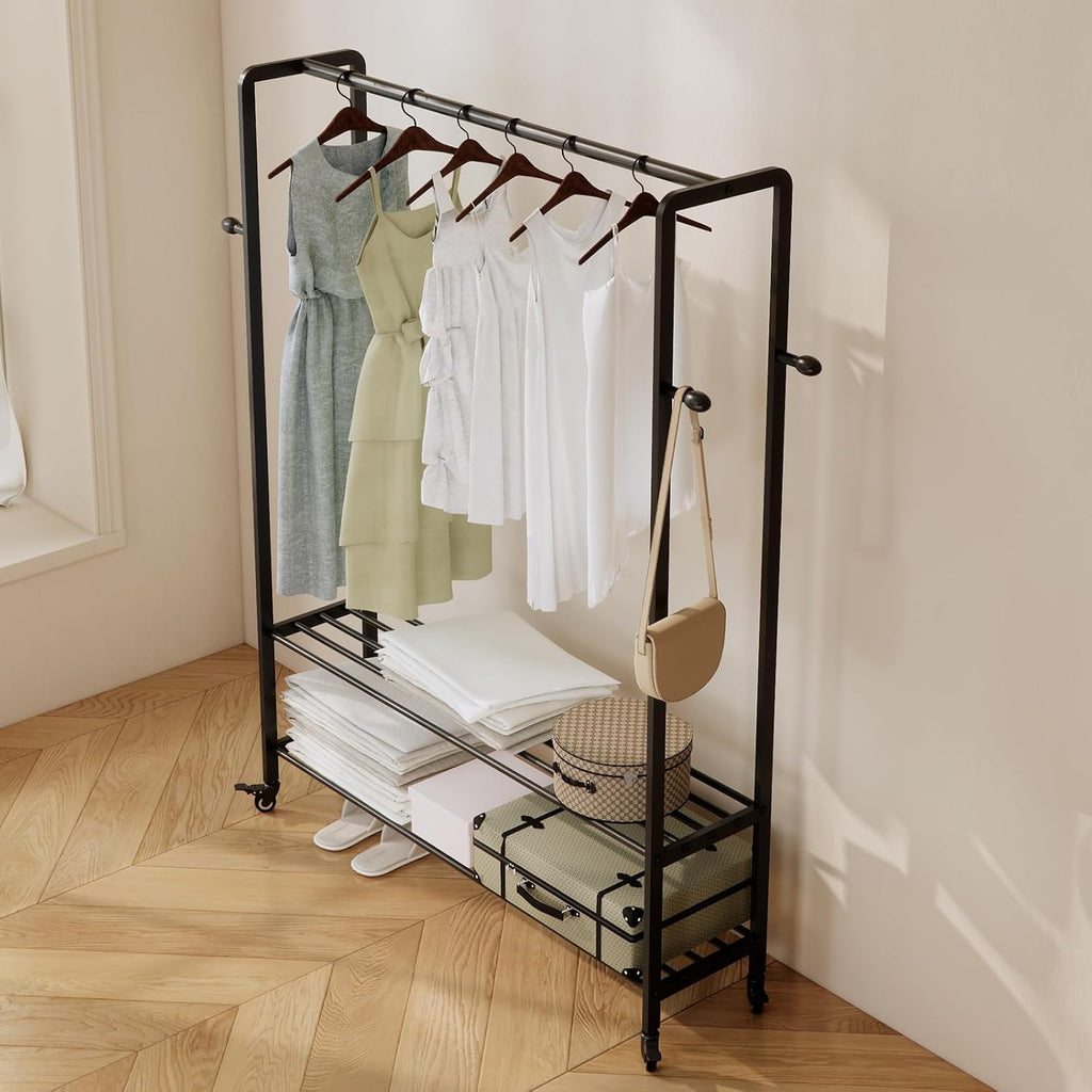 Black Rolling Garment Rack with Shelves and Hooks,Freestanding Metal Clothing Rack with Wheels,Large Clothes Hanging Rack for Bedroom,Closet, Entryway,Wardrobe,Boutique Display