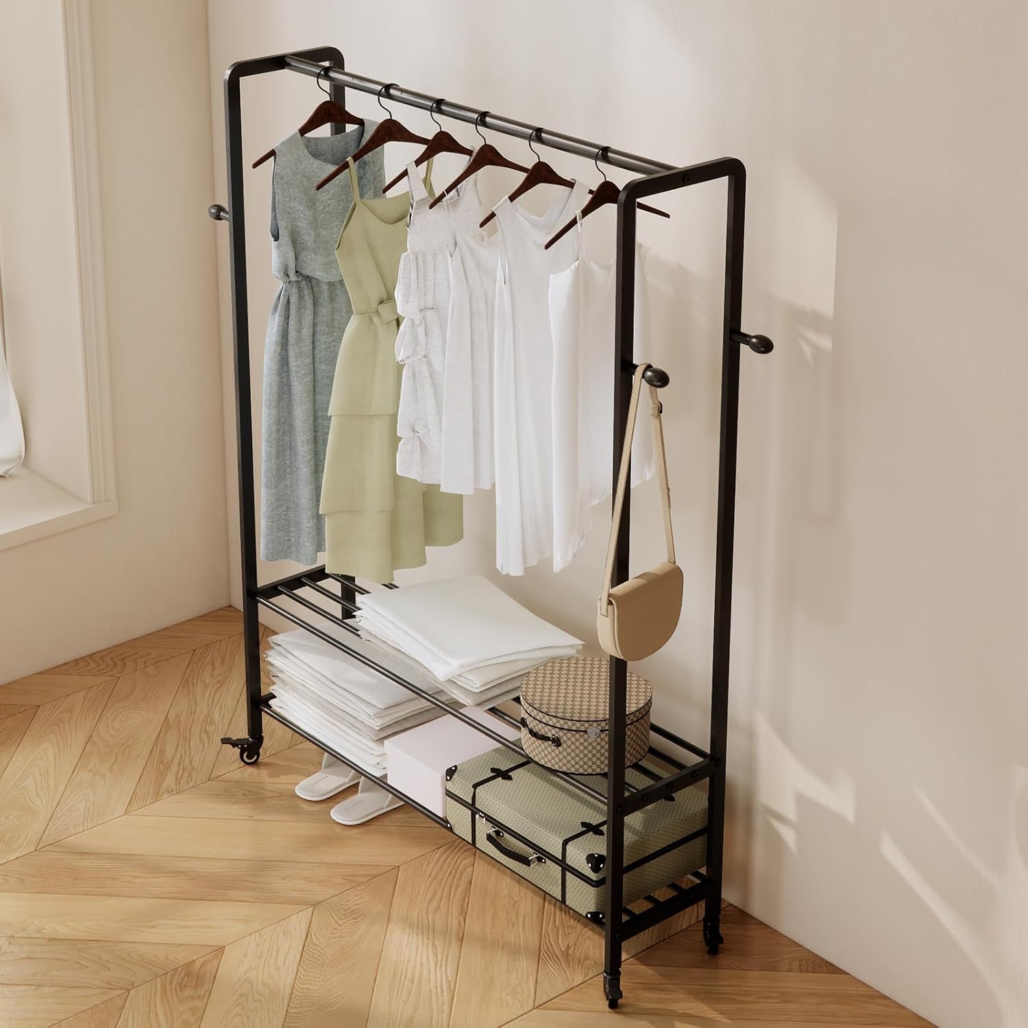 Black Rolling Garment Rack with Shelves and Hooks,Freestanding Metal Clothing Rack with Wheels,Large Clothes Hanging Rack for Bedroom,Closet, Entryway,Wardrobe,Boutique Display
